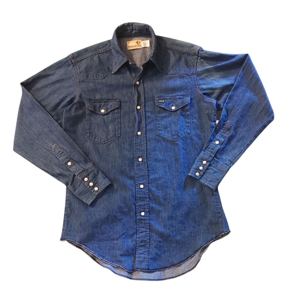 Vintage 60s 70s Maverick Men's Blue Denim Shirt Neck 15 1/2